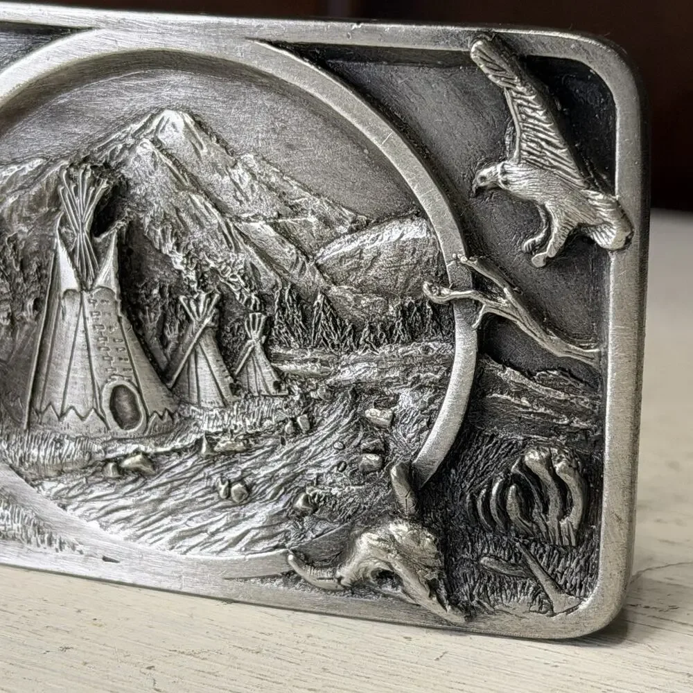 Vintage 1983 Siskiyou Native American Indian Pewter Belt Buckle Williams Oregon